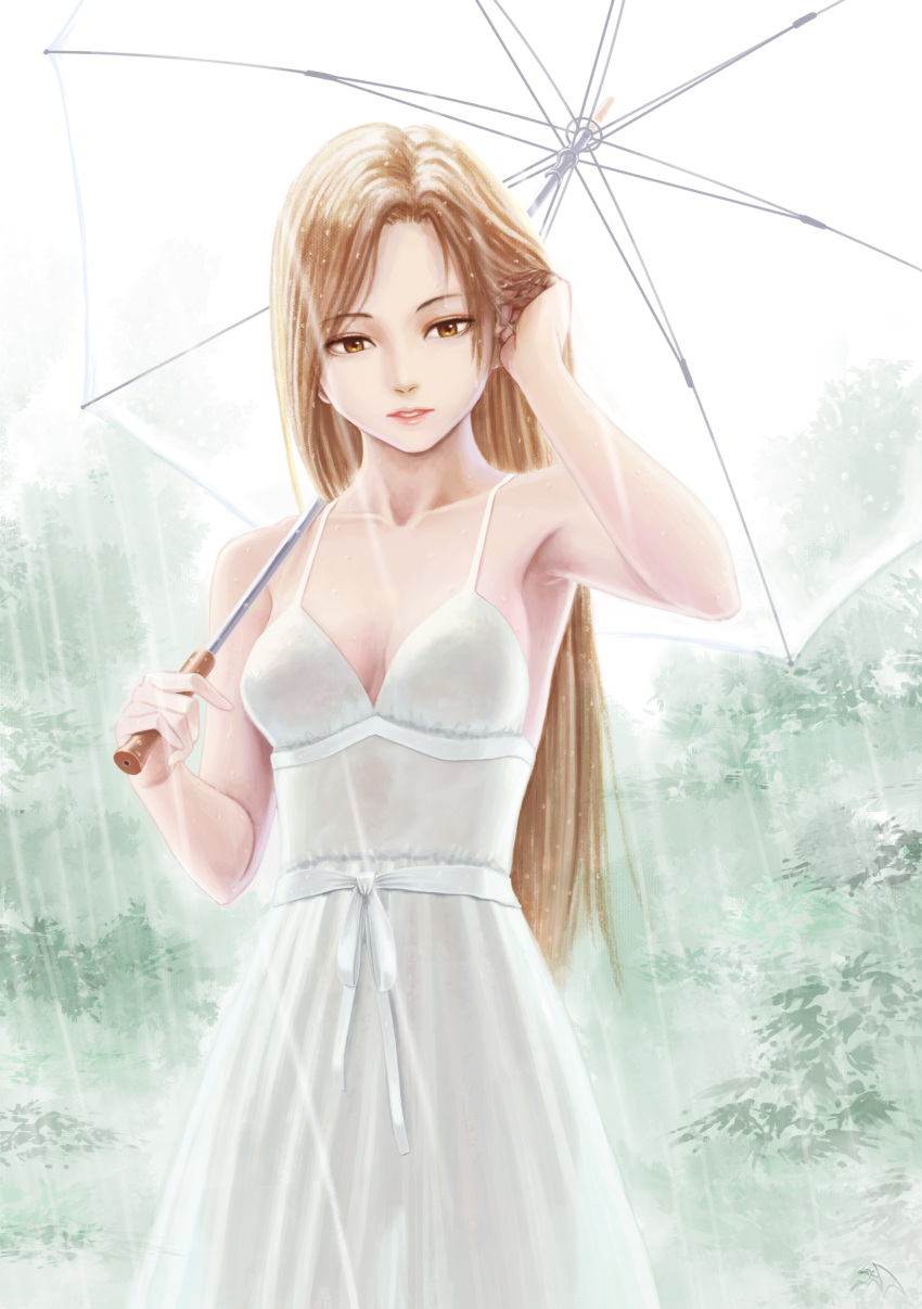 absurdres adjusting_hair brown_eyes brown_hair commentary darkmuleth dress female highres lips long_hair looking_at_viewer original parasol photoshop_(medium) rain solo sundress umbrella