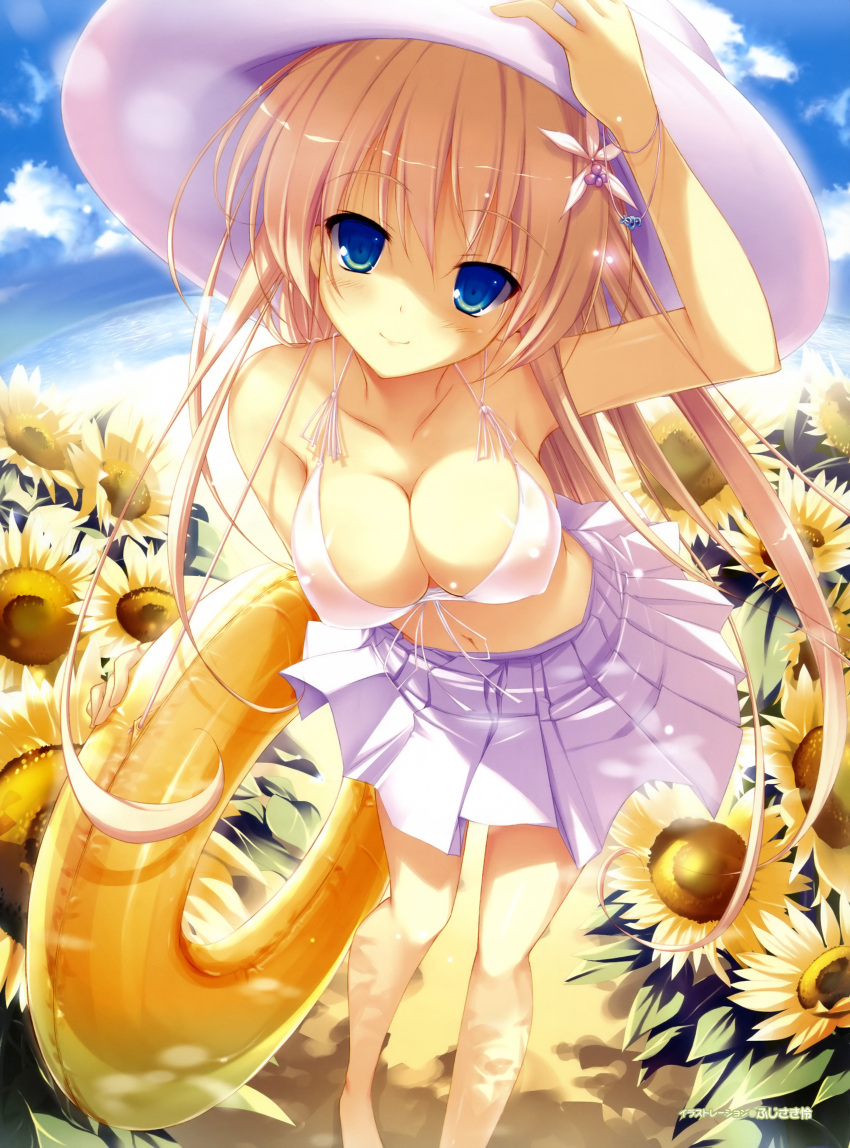 absurdres bare_legs bare_shoulders barefoot bikini bikini_top_only blonde_hair blue_eyes blue_sky blush bracelet breasts cleavage cloud covered_nipples day female flower foreshortening front-tie_top fujisaki_rei hair_flower hair_ornament hand_on_headwear hat highres innertube jewelry leaning_forward long_hair looking_at_viewer medium_breasts navel original outdoors pleated_skirt skirt sky smile solo sunflower swim_ring swimsuit white_bikini