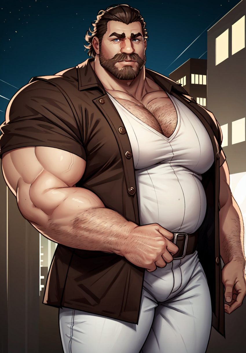 1boy 2023 ai_generated arcane bara barazoku beard clothing facial_hair gay hairy hairy_arms hairy_chest league_of_legends male male_focus male_only manly muscular_male riot_games solo solo_male tight_clothing vander yaoi