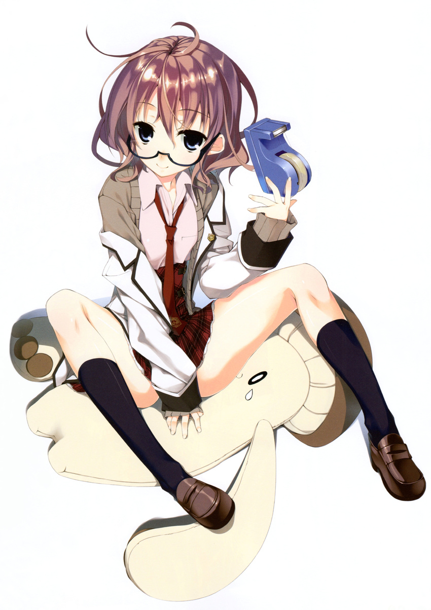 absurdres blue_eyes brown_hair cardigan female glasses highres kagome_(traumatize) kohitsuji_wa_mayowanai long_sleeves mushroom necktie pillow school_uniform semi-rimless_eyewear senba_aki sitting skirt socks solo tape_dispenser tears under-rim_eyewear