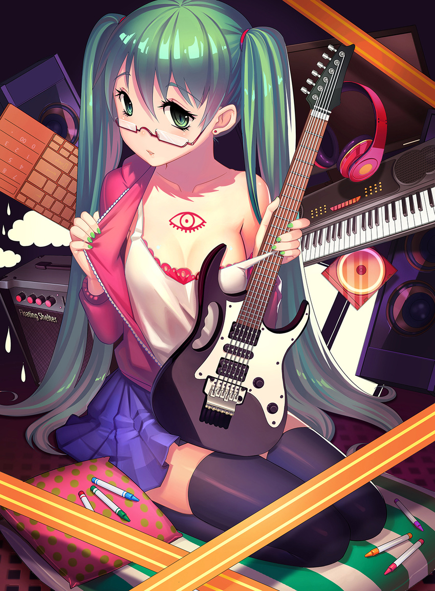 amplifier bad_id bad_pixiv_id bespectacled chinese_commentary commentary_request earrings electric_guitar female fiodo glasses green_eyes green_hair guitar hatsune_miku headphones highres ibanez ibanez_jem instrument jewelry keyboard_(instrument) long_hair monkey_grip nail_polish photoshop_(medium) seiza shiny_skin sitting skindentation skirt solo tattoo twintails very_long_hair vocaloid