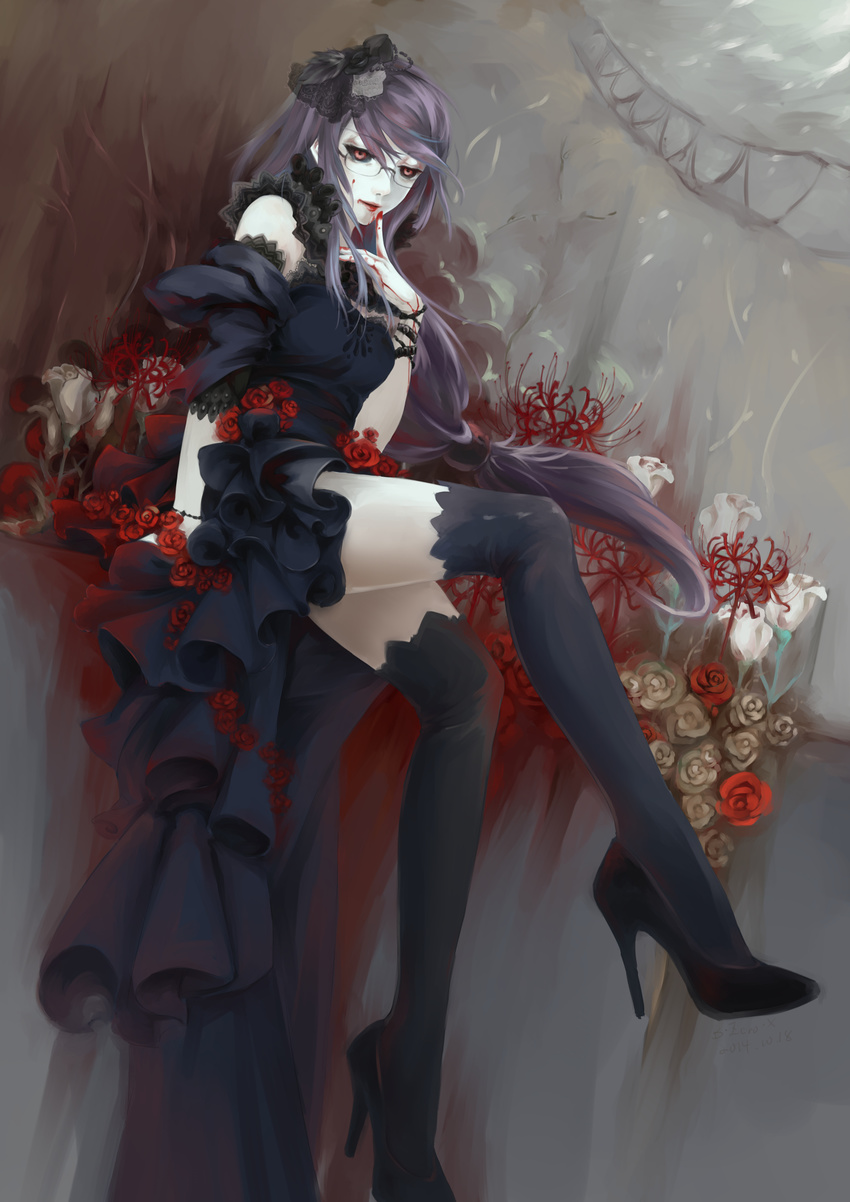 black_sclera blood bzerox colored_sclera commentary_request dress female flower glasses high_heels highres kamishiro_rize pumps red_flower red_rose rose solo spider_lily thighhighs tokyo_ghoul white_flower white_rose