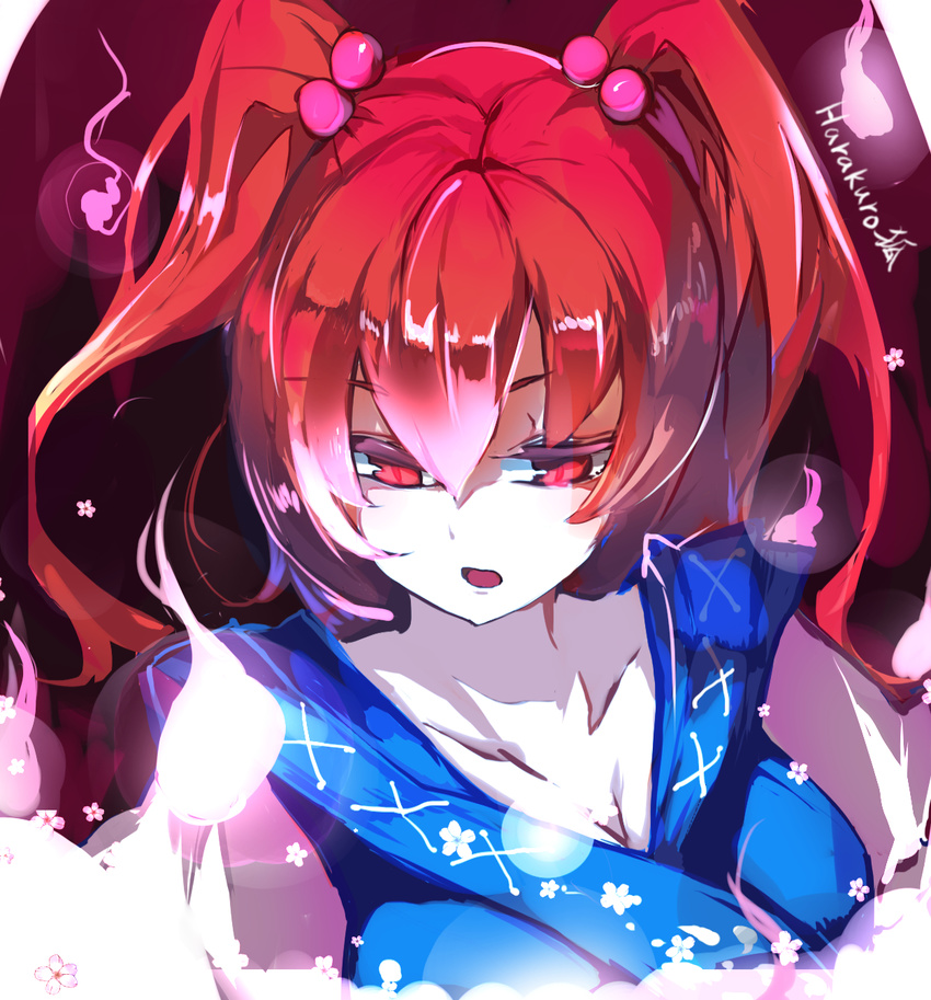 artist_name bad_id bad_pixiv_id blue_dress breasts cleavage collarbone colored_skin dress female flower hair_bobbles hair_ornament half-closed_eyes highres hitodama light looking_down medium_breasts onozuka_komachi open_mouth purple_background red_eyes red_hair short_hair short_sleeves solo touhou two_side_up upper_body white_skin yu_kitsune