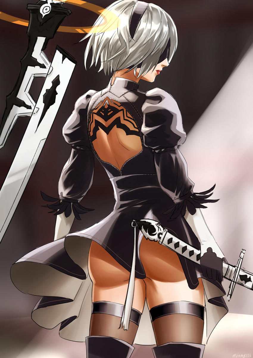 2b_(nier:automata) ass back_cutout bad_id bad_pixiv_id black_blindfold black_dress black_gloves black_thighhighs blindfold boots clothing_cutout commentary_request covered_eyes cowboy_shot dress female from_behind gloves highres holding holding_sword holding_weapon jamg336 lipstick long_sleeves makeup nier:automata nier_(series) photoshop_(medium) puffy_long_sleeves puffy_sleeves short_hair solo sword thigh_boots thighhighs weapon white_hair