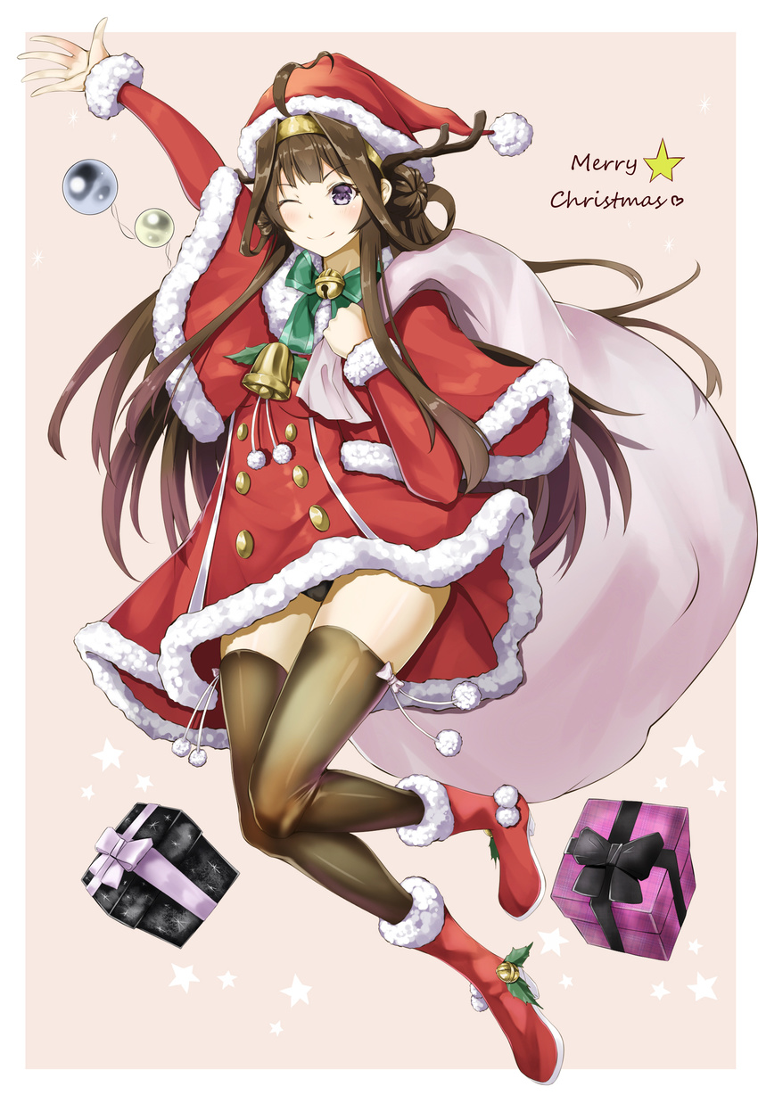 absurdres ahoge bell bow brown_hair brown_thighhighs capelet christmas commentary_request double_bun dress female full_body fur_trim gift green_bow hair_bun hairband hat headgear highres jingle_bell kantai_collection kasoke_no_tsubasa kongou_(kancolle) long_hair nontraditional_miko one_eye_closed photoshop_(medium) pink_background pom_pom_(clothes) purple_eyes red_dress red_footwear sack santa_costume santa_hat simple_background smile solo thighhighs underwear