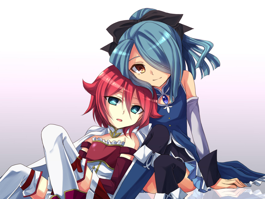 2boys bad_id bad_pixiv_id cape cosplay crossdressing detached_sleeves gloves green_eyes hair_over_one_eye inazuma_eleven inazuma_eleven_(series) kazemaru_ichirouta kiyama_hiroto long_hair magical_girl mahou_shoujo_madoka_magica mahou_shoujo_madoka_magica_(anime) miki_sayaka miki_sayaka_(cosplay) miki_sayaka_(magical_girl) multiple_boys otoko_no_ko ponytail red_hair ribbon sakura_kyoko sakura_kyoko_(cosplay) sakura_kyoko_(magical_girl) short_hair skirt soraeda thighhighs