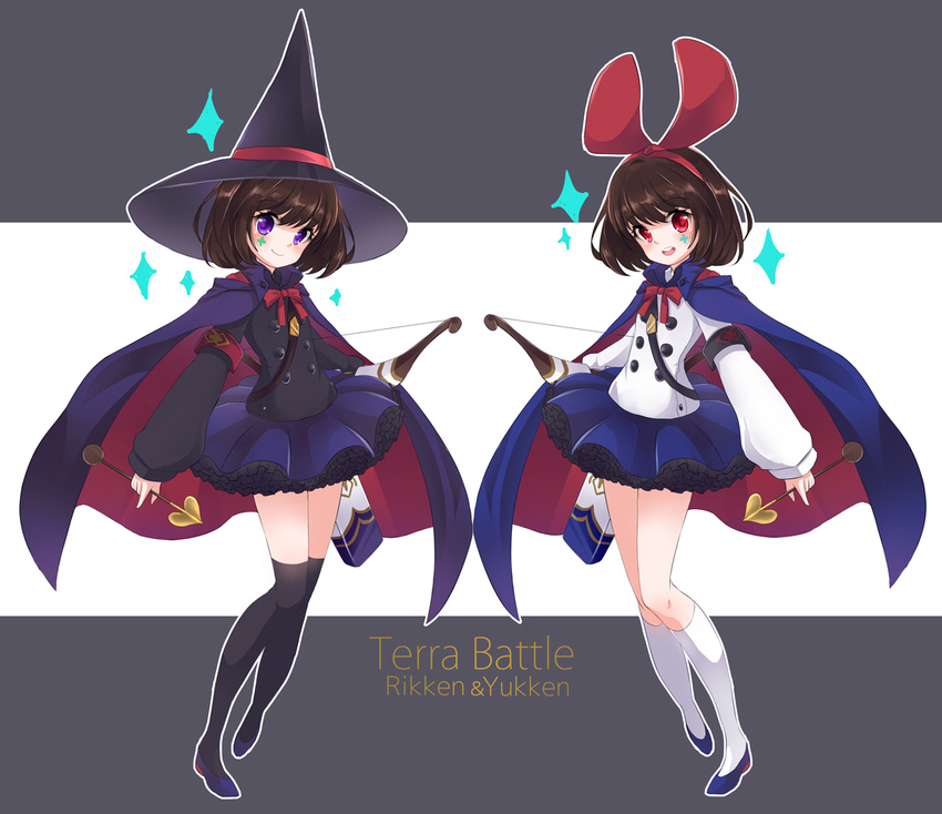 2girls armband arrow_(projectile) black_legwear blue_skirt blush bow bow_(weapon) brown_hair buttons cape character_name commentary_request copyright_name facial_mark firuo_(king_fish) frills hairband hat kneehighs long_sleeves multiple_girls open_mouth outline over-kneehighs purple_eyes purple_skirt quiver red_bow red_eyes rikken_(terra_battle) short_hair siblings sisters skirt smile socks sparkle terra_battle thighhighs twins weapon white_legwear witch_hat yukken_(terra_battle) zettai_ryouiki