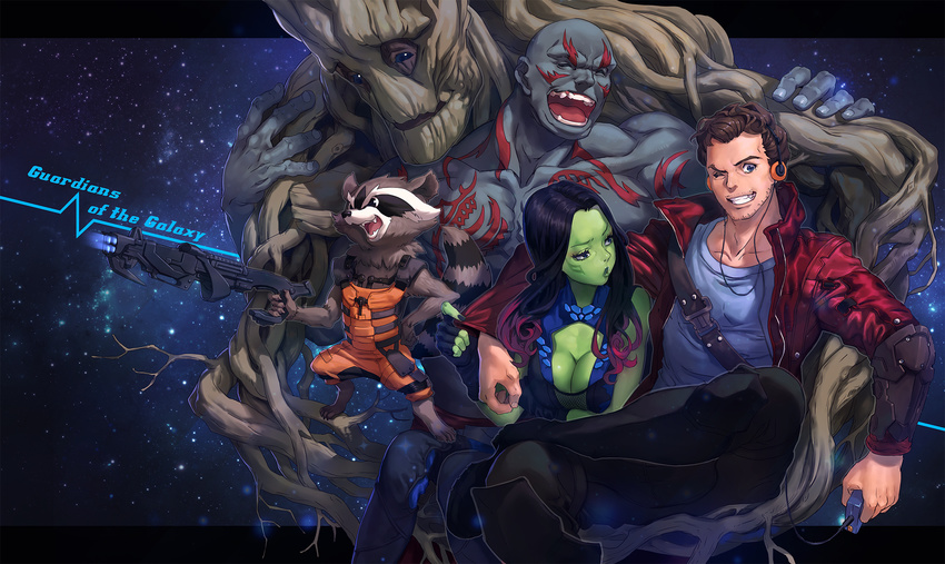 4boys animification bald black_hair blue_eyes breasts brown_hair cleavage colored_skin commentary_request copyright_name drax_the_destroyer female gamora green_skin groot guardians_of_the_galaxy gun headphones highres large_breasts letterboxed marvel marvel_cinematic_universe mhk_(mechamania) multiple_boys one_eye_closed open_mouth peter_quill photoshop_(medium) raccoon rocket_raccoon weapon