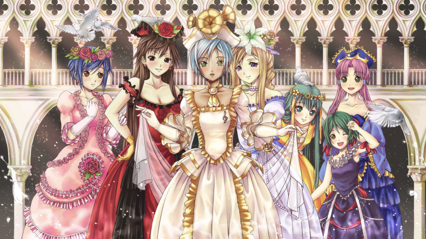 ai_(aria) akira_ferrari alice_carroll alicia_florence alternate_costume architecture aria athena_glory bad_id bad_pixiv_id banned_artist bird blonde_hair blue_eyes blue_hair brown_eyes brown_hair dark_skin flower gloves gothic_architecture green_eyes green_hair hair_flower hair_ornament hat highres mizunashi_akari multiple_girls nigiriushi pink_hair short_hair very_short_hair