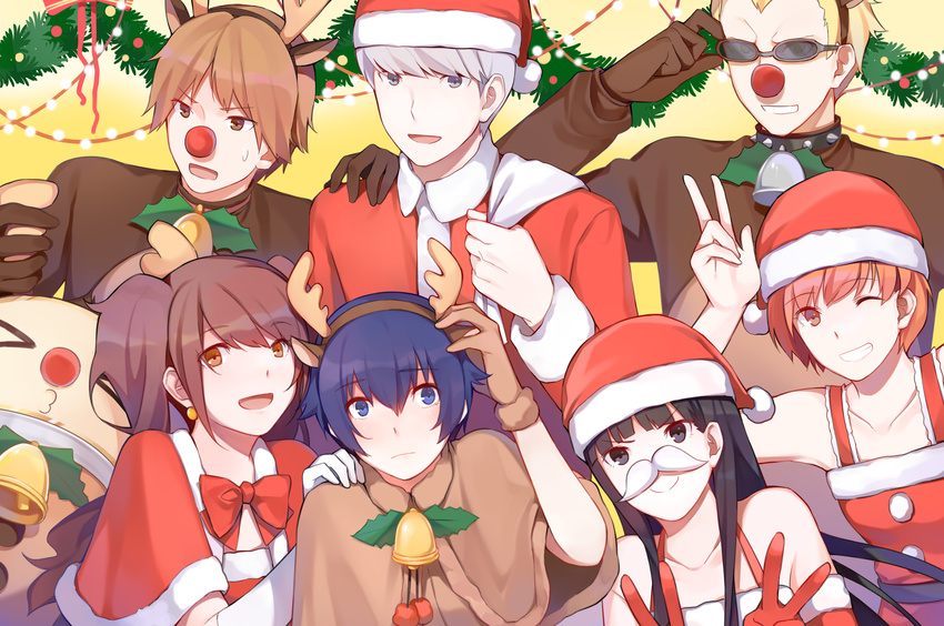 >_< 3boys 4girls :3 :d absurdres adjusting_clothes adjusting_eyewear adjusting_headwear amagi_yukiko animal_costume animal_ears bag bell black_eyes black_hair blonde_hair blue_eyes blue_hair blunt_bangs bow bowtie brown_eyes brown_hair capelet carrying_over_shoulder christmas christmas_lights closed_mouth clown_nose collar collarbone commentary double_v dress earrings elbow_gloves fake_animal_ears fake_antlers fake_facial_hair fake_mustache fake_nose flipped_hair furrowed_brow gift_bag gloves grey_eyes grey_hair grin hair_between_eyes hairband halterneck hanamura_yousuke hand_on_another's_shoulder hand_to_head hat highres holly horn_grab horns jewelry kujikawa_rise kuma_(persona_4) long_hair looking_at_another looking_at_viewer multiple_boys multiple_girls narukami_yuu one_eye_closed open_mouth orange_hair parted_bangs persona persona_4 pinafore_dress purple_hair red_bow red_bowtie red_gloves reindeer_costume santa_costume santa_hat satonaka_chie shirogane_naoto short_hair sidelocks sleeveless sleeveless_dress smile spiked_collar spikes sunglasses sweatdrop swept_bangs tareme tatsumi_kanji teeth tsurime twintails v v-shaped_eyebrows white_gloves wreath yellow_background yft000