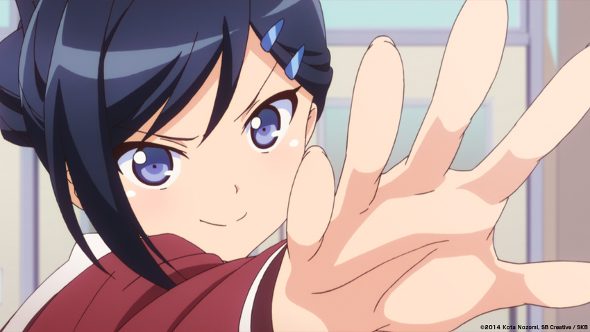 anime_screenshot blue_eyes blue_hair female folded_ponytail hair_ornament hairpin inou-battle_wa_nichijou-kei_no_naka_de key_frame kudou_mirei official_art open_hand reaching reaching_towards_viewer school_uniform senkou_high_school_uniform smile solo trigger_(company)