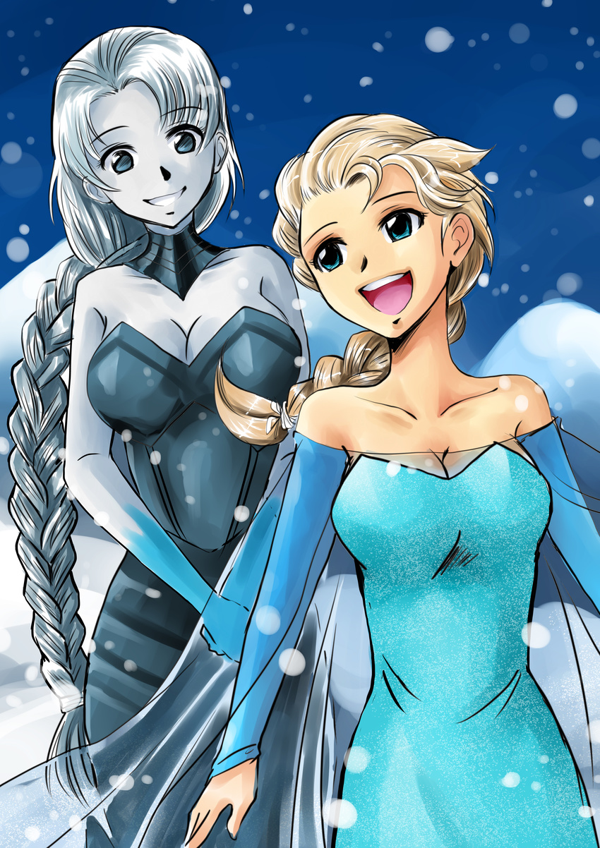 2girls absurdres animification aya_yanagisawa blue_dress blue_eyes blue_hair braid breasts cleavage colored_skin commentary crossover dress elsa_(frozen) english_commentary frozen_(disney) grey_dress grey_skin hair_behind_ear head_tilt highres league_of_legends lissandra_(league_of_legends) long_hair medium_breasts mountain multiple_girls off-shoulder_dress off_shoulder outdoors own_hands_together parted_lips photoshop_(medium) smile snow snowing trait_connection very_long_hair