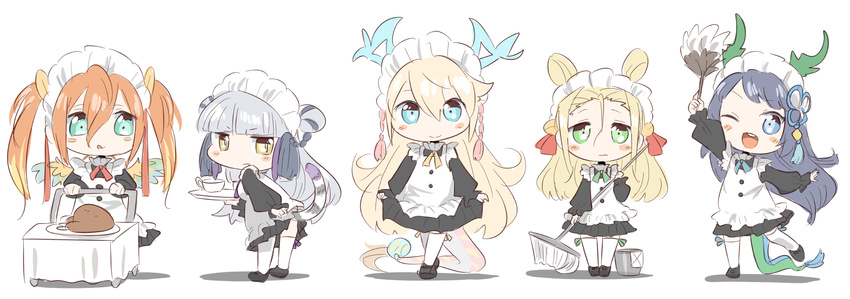 5girls ;d alternate_costume apron aqua_eyes bird_wings black_dress black_hair blonde_hair blue_eyes blush blush_stickers braid bucket bunsuke chibi commentary_request cup double_bun dragon_girl dragon_horns dragon_tail dress duster enmaided feather_duster feathered_wings food green_eyes grey_hair hair_bun hair_ornament hair_rings hair_strand haku_(p&d) highres holding horns karin_(p&d) leaning leaning_forward leg_up leilan_(p&d) long_hair long_sleeves looking_at_viewer maid maid_apron maid_headdress mary_janes meimei_(p&d) mop multicolored_hair multiple_girls oerba_yun_fang one_eye_closed open_mouth orange_hair plate purple_hair puzzle_&_dragons ribbon sakuya_(p&d) shoes simple_background slit_pupils smile standing standing_on_one_leg table tablecloth tail thighhighs tiger_tail tongue tongue_out turkey_(food) twin_braids twintails two-tone_hair very_long_hair white_background white_legwear wings yellow_eyes zettai_ryouiki