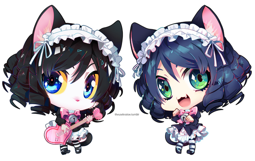 2girls animal_ears bell bow cat_ears cat_girl cat_tail chibi commentary_request curly_hair cyan_(show_by_rock!!) dual_persona full_body gothic_lolita guitar instrument lolita_fashion maid_headdress multiple_girls open_mouth pantyhose ringlets sebychu show_by_rock!! striped_clothes striped_pantyhose tail transparent_background