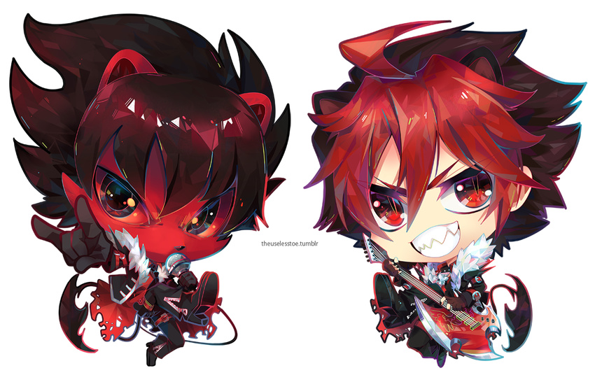 1boy animal_ears black_hair chibi commentary_request crow_(show_by_rock!!) dual_persona dyed_bangs full_body guitar instrument male_focus microphone multicolored_hair red_eyes red_hair sebychu show_by_rock!! solo tail transparent_background two-tone_hair