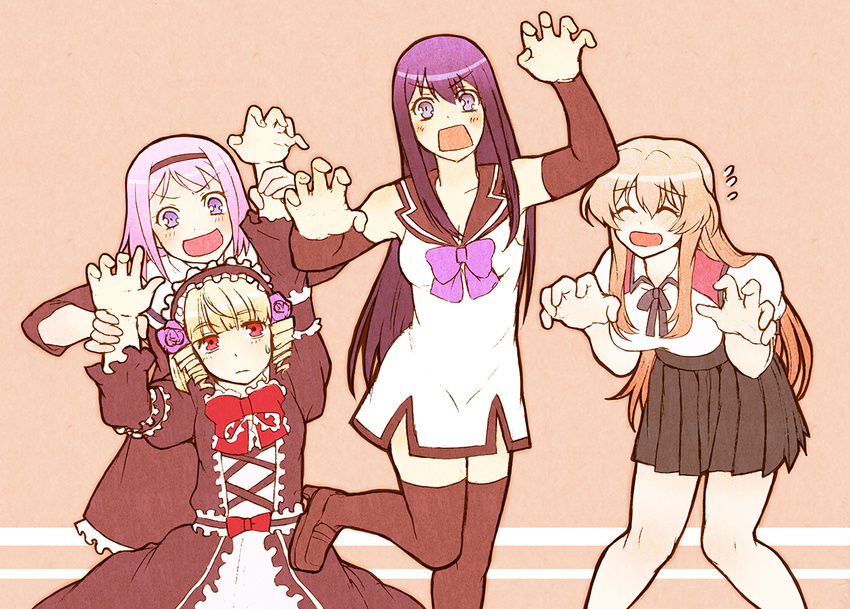 4girls :d :o ^_^ bad_id bad_pixiv_id bare_shoulders blonde_hair bow breasts claw_pose cleavage closed_eyes commentary_request dancing detached_sleeves flower gokukoku_no_brynhildr hair_flower hair_ornament hairband hands_on_another's_wrists kazumi_schlierenzauer kuroha_neko large_breasts lolita_fashion long_hair maid_headdress medium_breasts multiple_girls open_mouth paralysis pink_hair purple_eyes purple_hair red_eyes sailor_collar sidelocks smile sweatdrop tachibana_kana takatori_kotori thighhighs v-shaped_eyebrows very_long_hair yururi-ra zettai_ryouiki