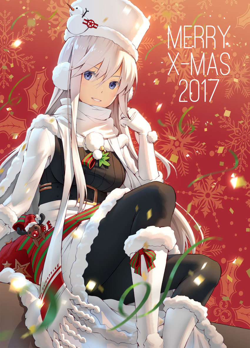 2017 azur_lane belt black_belt blue_eyes breasts character_name christmas coat commentary_request earmuffs enterprise_(azur_lane) enterprise_(reindeer_master)_(azur_lane) female floating_hair gloves hat highres long_hair looking_at_viewer medium_breasts merry_christmas official_alternate_costume pantyhose photoshop_(medium) pinakes playing_with_own_hair pom_pom_(clothes) scarf sitting smile solo stuffed_deer underbust very_long_hair white_footwear white_gloves white_hair white_hat white_scarf winter_clothes winter_coat