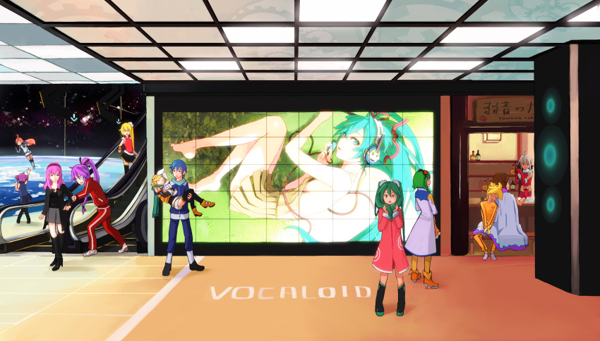 3boys 6+girls akita_neru blonde_hair boots casual crossover elrowa green_eyes green_hair gumi hatsune_miku highres holding kagamine_len kagamine_rin kaito_(vocaloid) kamui_gakupo kasane_teto long_hair looking_at_viewer megurine_luka meiko_(vocaloid) multiple_boys multiple_girls open_mouth pantyhose sf-a2_miki short_hair space spacecraft thighhighs twintails utau vocaloid yowane_haku