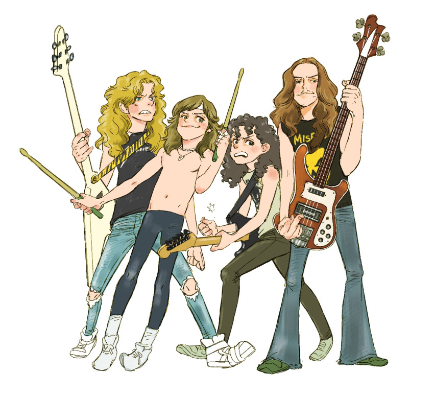 1980s_(style) 4boys animification bad_id bad_pixiv_id band band_shirt bandana bass_guitar bell-bottoms blonde_hair brown_hair buttercup cliff_burton commentary_request denim drumsticks electric_guitar facial_hair gibson_flying_v guitar heavy_metal instrument james_hetfield jeans kirk_hammet lars_ulrich long_hair male_focus merchandise metallica misfits moustache multiple_boys pants parody photoshop_(medium) real_life retro_artstyle rickenbacker rickenbacker_4001 shoes sneakers topless_male