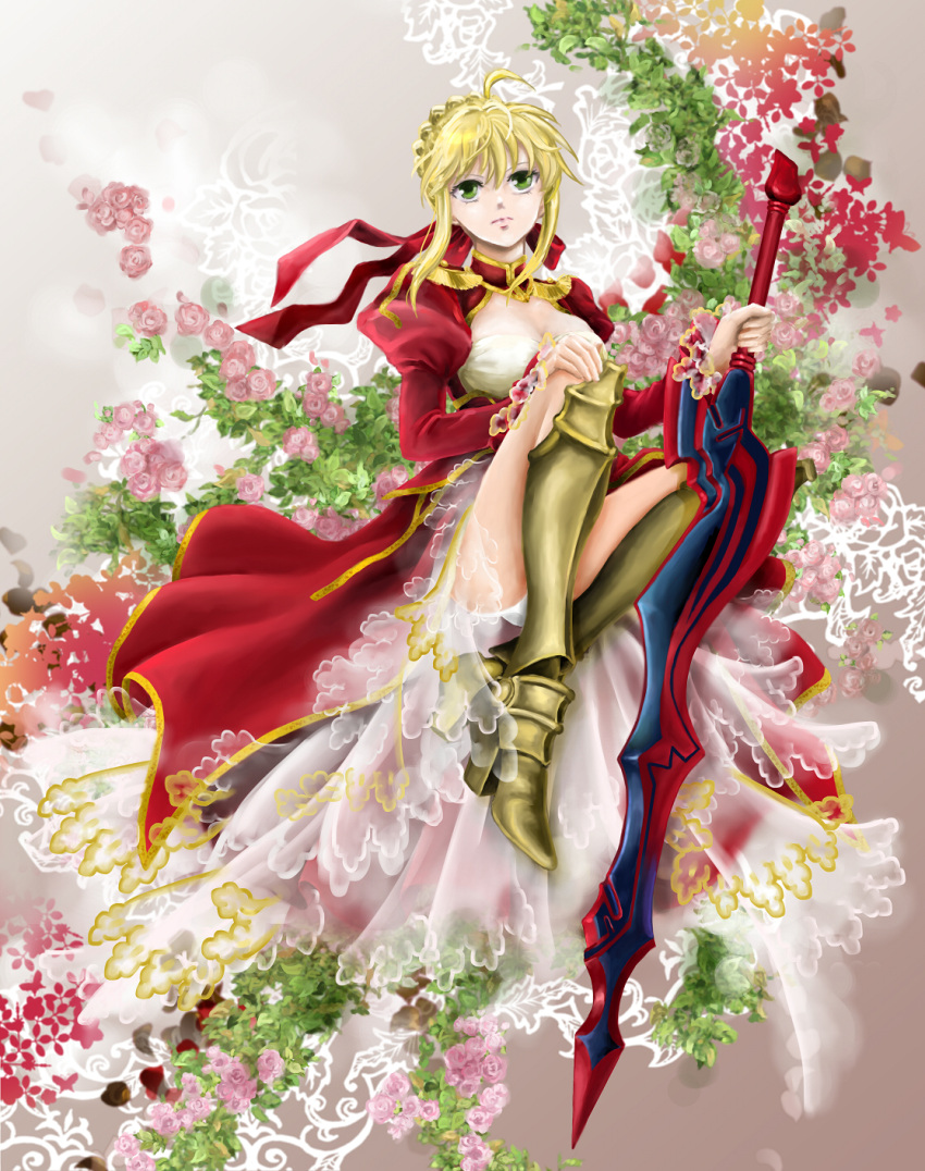 aestus_estus ahoge armor blonde_hair breasts cleavage commentary_request dress epaulettes fate/extra fate_(series) female flower greaves green_eyes hair_ribbon highres manbosakuranbo medium_breasts nero_claudius_(fate) nero_claudius_(fate/extra) panties ribbon solo sword underwear weapon