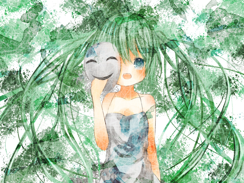 blue_eyes dress green_hair hatsune_miku hinanosuke long_hair mask vocaloid