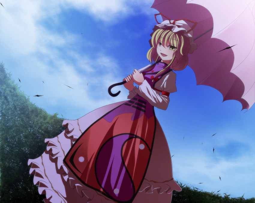 :d absurdres bad_id bad_pixiv_id blonde_hair bow cloud day dress female fisheye grass hairbow hat hat_bow haze highres looking_at_viewer open_mouth outdoors photoshop_(medium) sky smile solo tabard touhou tsukishiro_saika umbrella v-shaped_eyebrows yakumo_yukari yellow_eyes