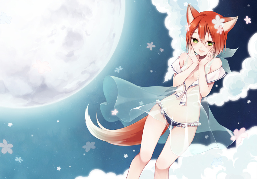 animal_ears anz_(starry) bare_shoulders blush breasts cleavage cloud commentary_request female fox_ears fox_tail genderswap_(mtf) green_eyes hands_on_own_face inazuma_eleven inazuma_eleven_(series) kiyama_hiroto looking_at_viewer medium_breasts moon night night_sky no_bra open_mouth orange_hair panties photoshop_(medium) rule_63 see-through short_hair sky solo tail underwear