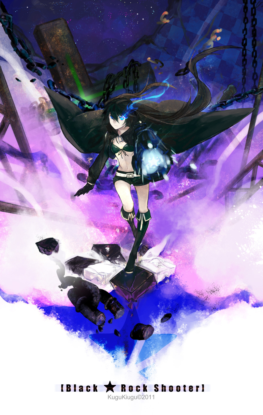 bad_id bad_pixiv_id belt bikini_top black_hair black_rock_shooter black_rock_shooter_(character) blue_eyes boots burning_eye coat gloves glowing glowing_eye gun highres kugukiugu long_hair midriff navel scar short_shorts shorts solo twintails weapon