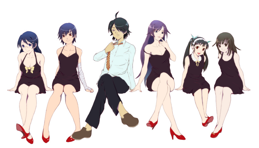 1boy 5girls araragi_koyomi bakemonogatari black_dress black_hair blue_hair commentary_request dress formal glasses green_ribbons hachikuji_mayoi hair_ribbon hanekawa_tsubasa highres kanbaru_suruga legs long_hair long_legs monogatari_(series) multiple_girls necktie nekomonogatari otsukemono ribbon sengoku_nadeko senjougahara_hitagi short_hair strap_slip twintails