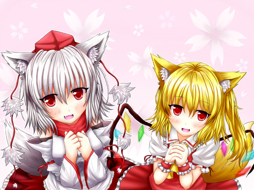 animal_ears banned_artist blonde_hair blush cat_ears detached_sleeves flandre_scarlet hat inubashiri_momiji kemonomimi_mode looking_at_viewer multiple_girls no_hat no_headwear oerba_yun_fang oohirakeisuke red_eyes short_hair side_ponytail silver_hair simple_background tail tokin_hat touhou wolf_ears wolf_tail