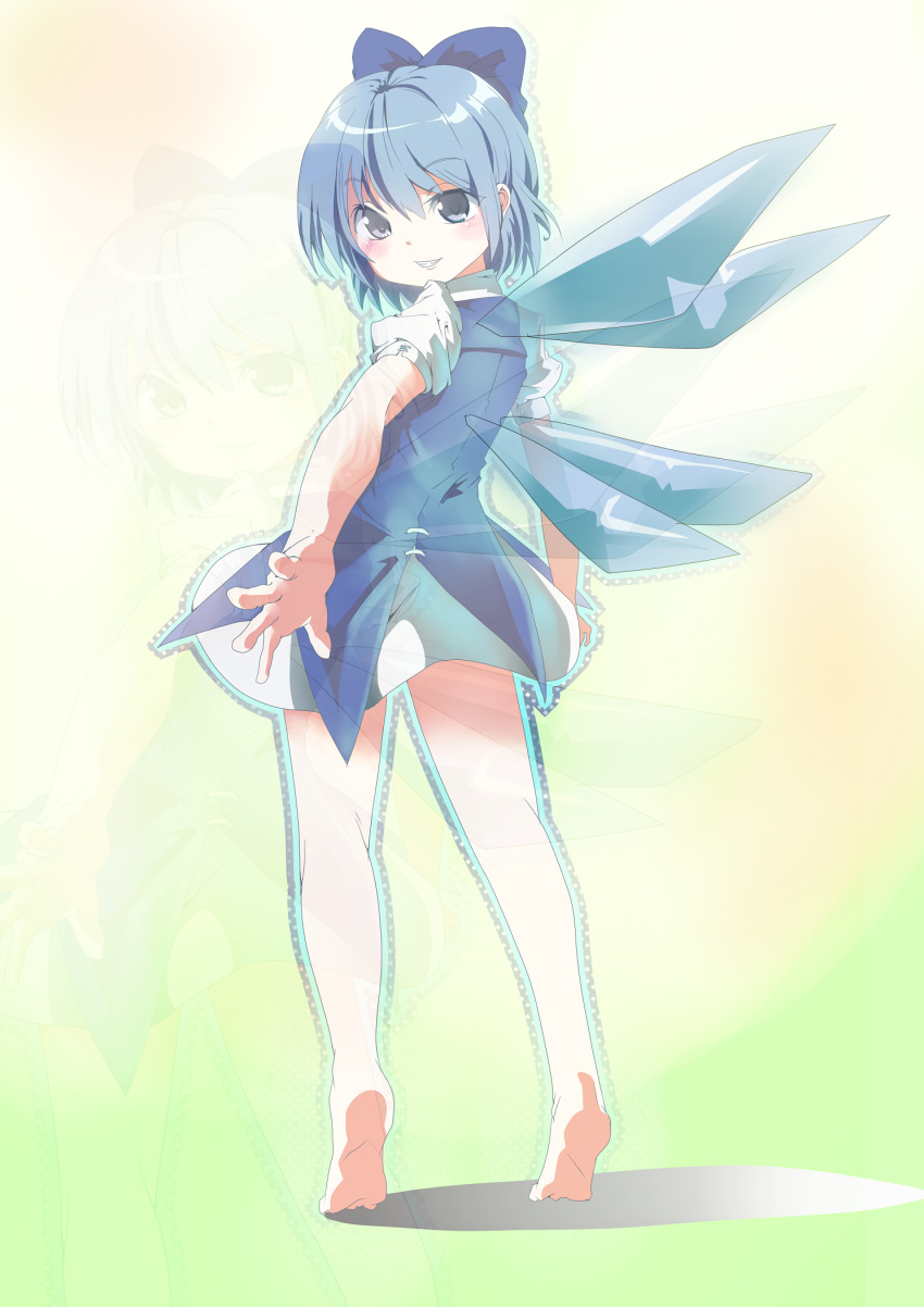 bare_legs barefoot blue_bow blue_eyes blue_hair bow cirno commentary_request dress feet female from_behind full_body grin hairbow hands highres looking_at_viewer looking_back outstretched_hand shift_(waage) short_hair smile solo standing tiptoes touhou wings zoom_layer