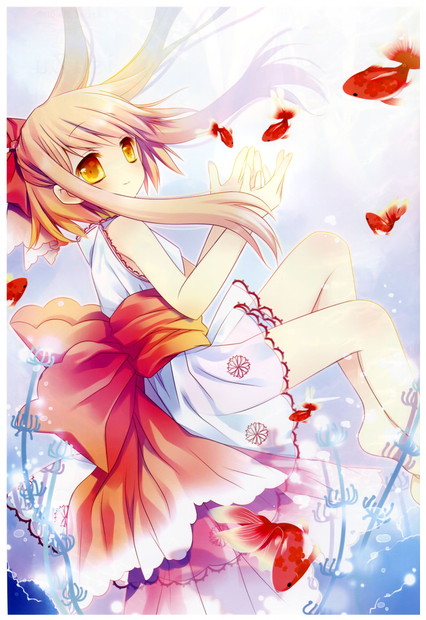 absurdres barefoot brown_hair copyright_request dress female fish goldfish highres hinayuki_usa orange_eyes photoshop_(medium) ribbon scan see-through short_hair smile solo water