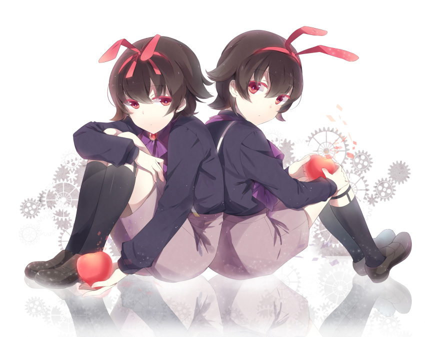 2boys apple back-to-back bad_id bad_pixiv_id black_hair black_legwear food fruit highres male_focus mawaru_penguindrum multiple_boys p0ckylo red_eyes reflection shirase_(mawaru_penguindrum) siblings sitting souya_(mawaru_penguindrum) twins