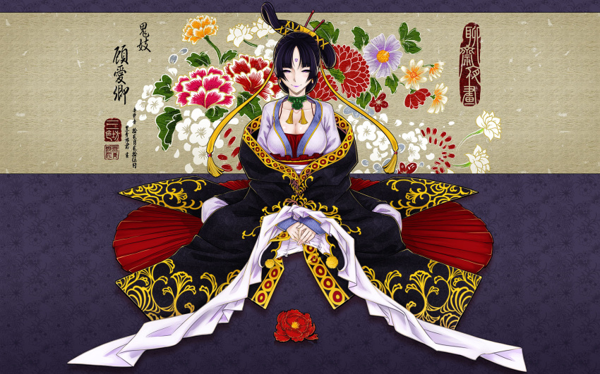 antaria black_hair breasts chinese_clothes chinese_commentary chinese_text choker cleavage collar commentary_request female flower guai_qing hair_ornament hanfu highres large_breasts liaozhai_zhiyi looking_at_viewer oracle_bone_script photoshop_(medium) purple_eyes sitting solo traditional_chinese_text translation_request