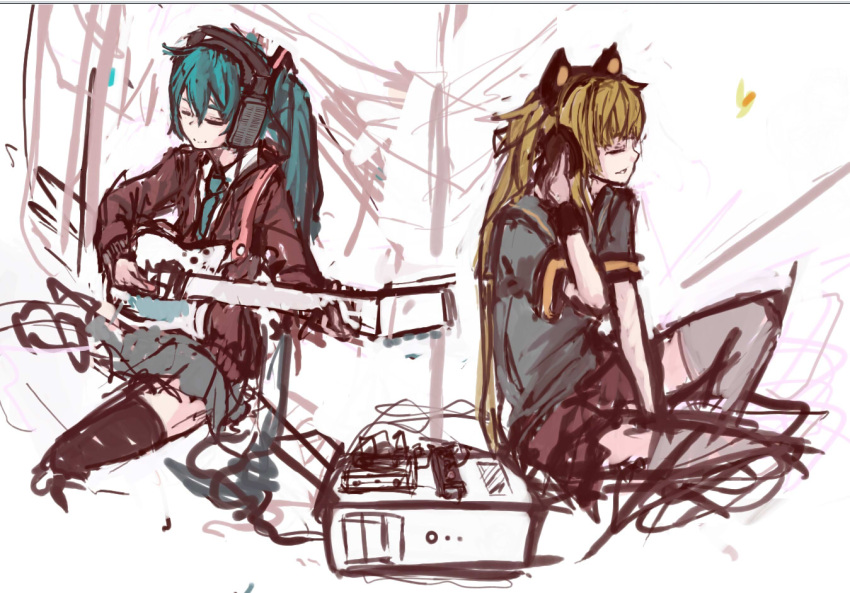 2girls animal_ears aqua_hair audio-technica bad_id blonde_hair cat_ears closed_eyes guitar hand_on_headphones hatsune_miku headphones instrument listening_to_music long_hair miniskirt multiple_girls music necktie panties_(pantsu-pirate) playing_instrument seeu shirt sitting skirt stax t-shirt thighhighs twintails vocaloid wristband zettai_ryouiki