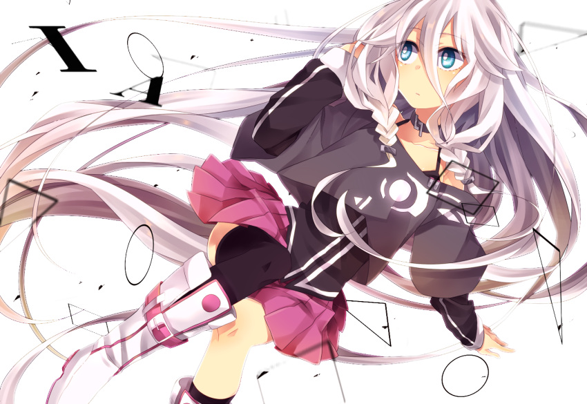 bare_shoulders blue_eyes boots braid commentary_request female grey_hair haru_(oomr005) ia_(vocaloid) long_hair samfree_("night"_songs) single_thighhigh skirt solo thighhighs twin_braids very_long_hair vocaloid