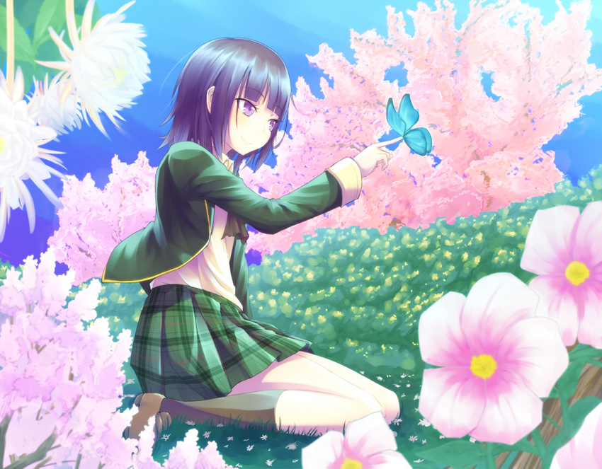 bad_id bad_pixiv_id black_hair boku_wa_tomodachi_ga_sukunai bug butterfly dararito day female flat_chest flower from_side full_body kneehighs kneeling loafers long_sleeves looking_away mikazuki_yozora miniskirt outdoors pleated_skirt purple_eyes school_uniform shoes short_hair skirt sky smile socks solo st._chronica_academy_school_uniform