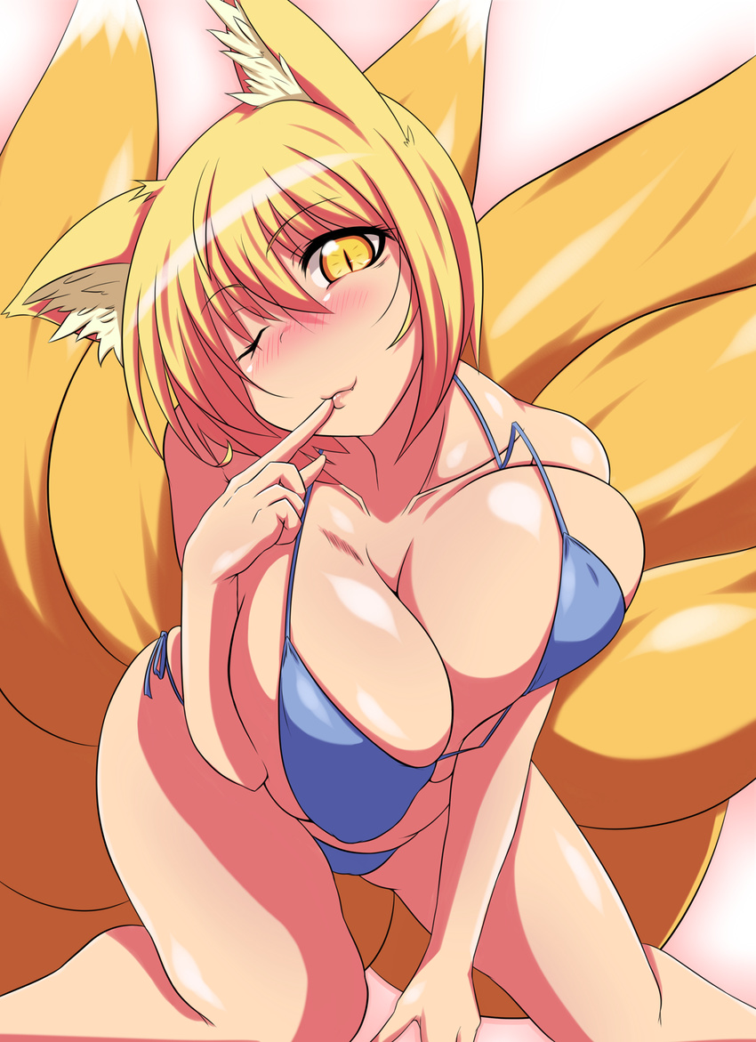 animal_ears bikini blonde_hair blue_bikini blush breasts cleavage commentary_request female finger_to_mouth fox_ears fox_tail highres huge_breasts leaning_forward lips looking_at_viewer multiple_tails muruchi- oerba_yun_fang short_hair side-tie_bikini_bottom solo swimsuit tail touhou yakumo_ran yellow_eyes