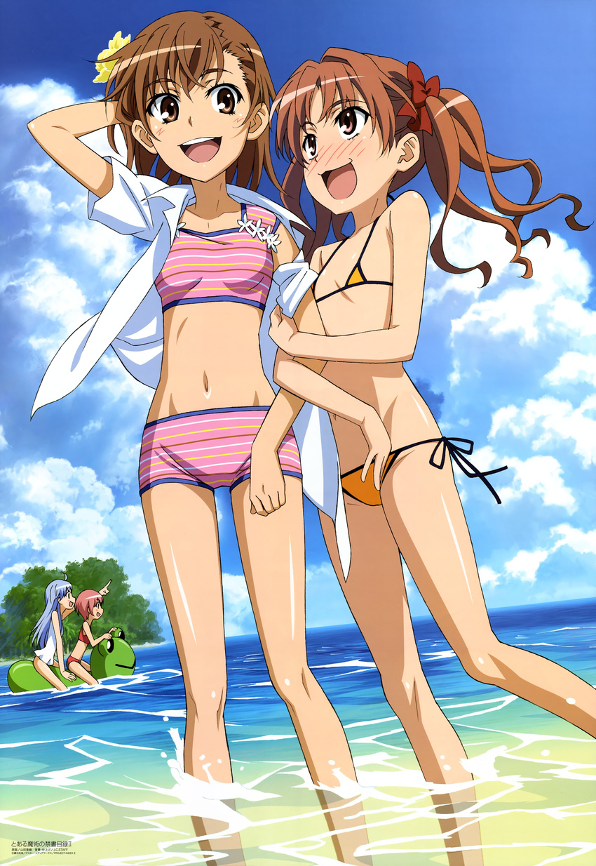 4girls :d absurdres arm_behind_head arm_hug bikini bikini_shorts bikini_under_clothes blue_hair blush bow brown_eyes brown_hair cloud day flat_chest flower gekota hair_flower hair_ornament hairbow highres imageboard_desourced index_(toaru_majutsu_no_index) legs long_hair megami_magazine micro_bikini misaka_mikoto multiple_girls navel non-web_source ocean official_art open_clothes open_mouth open_shirt outdoors pink_hair scan shirai_kuroko shirt short_hair shorts side-tie_bikini_bottom sky smile square-leg swimsuit tankini toaru_majutsu_no_index tsukuyomi_komoe twintails wading water yamada_kaori