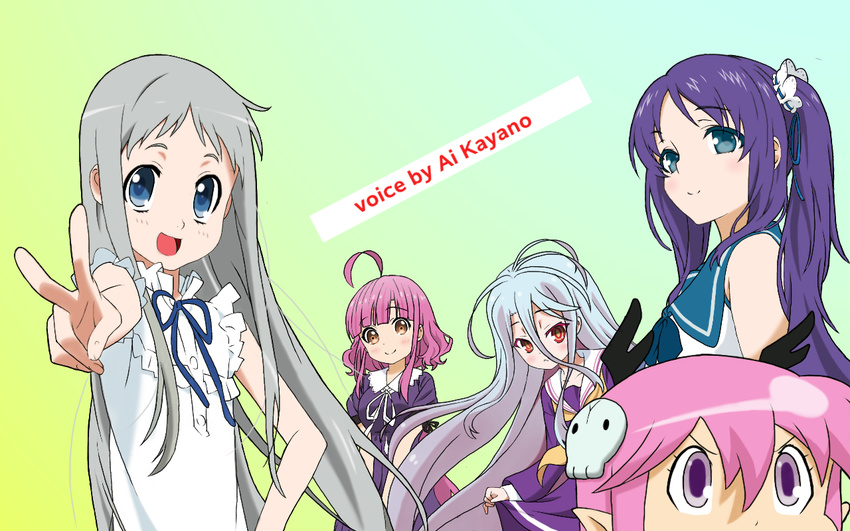 5girls :d ahoge ano_hi_mita_hana_no_namae_wo_bokutachi_wa_mada_shiranai. blue_eyes blue_ribbon brown_eyes commentary_request dress gakkou_gurashi! green_background grey_hair hiradaira_chisaki honma_meiko kayano_ai long_hair looking_at_viewer multiple_girls nagi_no_asukara nami_junior_high_school_uniform nekonopapa no_game_no_life open_mouth outstretched_arm pink_hair puffy_short_sleeves puffy_sleeves purple_hair red_eyes ribbon ruki_(senyuu) sailor_dress sakura_megumi school_uniform sen'yuu. serafuku shiro_(no_game_no_life) shirt short_hair short_sleeves sidelocks sleeveless sleeveless_shirt smile twintails upper_body v very_long_hair voice_actor_connection white_shirt