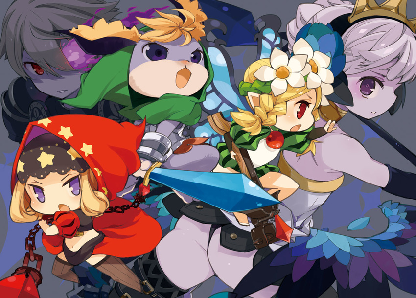 2boys 3girls armor armored_dress bare_shoulders black_armor blonde_hair blue_eyes braid butterfly_wings chains choker commentary cornelius_(odin_sphere) crossbow crown dated_commentary dress fairy flower gloves gwendolyn_(odin_sphere) hair_flower hair_ornament hood insect_wings long_hair mercedes_(odin_sphere) midriff mota multiple_boys multiple_girls odin_sphere oswald_(odin_sphere) pointy_ears polearm pooka_(odin_sphere) puffy_sleeves red_eyes short_hair spear strapless strapless_dress sword thighhighs twin_braids velvet_(odin_sphere) weapon white_hair wings