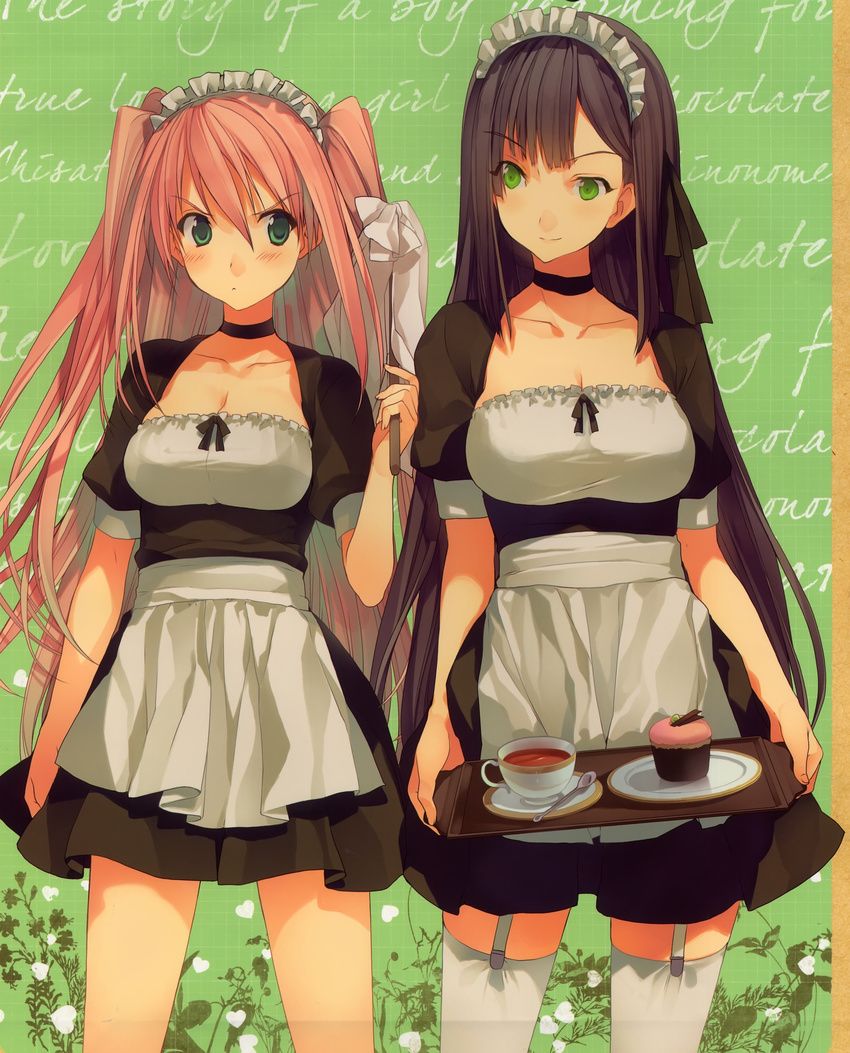 2girls absurdres akinashi_yuu apron arm_at_side black_choker black_dress black_ribbon breasts choker cleavage closed_mouth collarbone cup dress garter_straps green_eyes hair_between_eyes hair_ribbon hand_up heart highres holding holding_tray koi_to_senkyo_to_chocolate large_breasts long_hair maid maid_headdress medium_breasts multiple_girls puffy_short_sleeves puffy_sleeves ribbon scan shinonome_satsuki short_sleeves smile standing sumiyoshi_chisato teacup thighhighs tray twintails waist_apron waitress white_apron white_ribbon white_thighhighs zettai_ryouiki