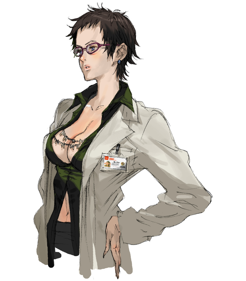 blue_eyes breasts brown_hair cleavage cropped_torso earrings female glasses hand_on_own_hip highres jewelry lab_coat large_breasts metal_gear_(series) metal_gear_acid metal_gear_acid_2 name_tag navel official_art photoshop_(medium) red-framed_eyewear shirt short_hair takiyama_michiko unbuttoned upper_body