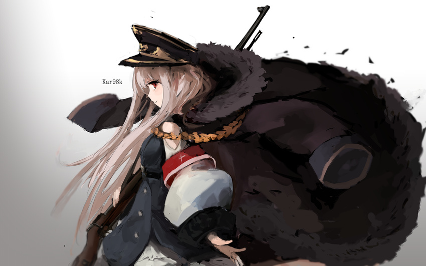 aiguillette arm_at_side artist_name bad_id bad_pixiv_id belt black_belt black_coat black_footwear black_hat blush bolt_action breasts buttons character_name clothing_cutout coat collared_coat commentary_request cross female floating_hair from_side fur-trimmed_coat fur_trim german_clothes girls'_frontline gradient_background gun hair_between_eyes hat highres holding holding_gun holding_weapon iron_cross kar98k_(girls'_frontline) korean_commentary layered_skirt lipstick long_hair long_sleeves looking_at_viewer makeup mauser_98 medium_breasts open_clothes open_coat outstretched_hand oversized_clothes parted_lips peaked_cap puffy_sleeves red_eyes rifle shirt shoulder_cutout sidelocks simple_background skirt sleeves_past_wrists smile smoke solo sparkle standing unitsu very_long_hair weapon white_hair white_skirt wide_sleeves wind wind_lift