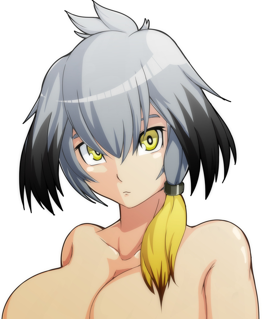 bad_id bad_pixiv_id black_hair blonde_hair breasts bright_pupils closed_mouth cloudian collarbone commentary_request female grey_hair hair_between_eyes highres kemono_friends large_breasts light_smile looking_at_viewer multicolored_hair nude partial_commentary shoebill_(kemono_friends) short_hair_with_long_locks sidelocks simple_background solo upper_body white_background white_pupils yellow_eyes