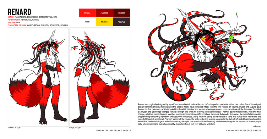 avoid_posting canid canine clothing dreadlocks english_text fluffy fox hair lapfox_trax male mammal medical_instrument medical_syringe nurse red_hair renard_queenston scientific_instrument simple_background squeedgemonster syringe tentacle text uniform white_background