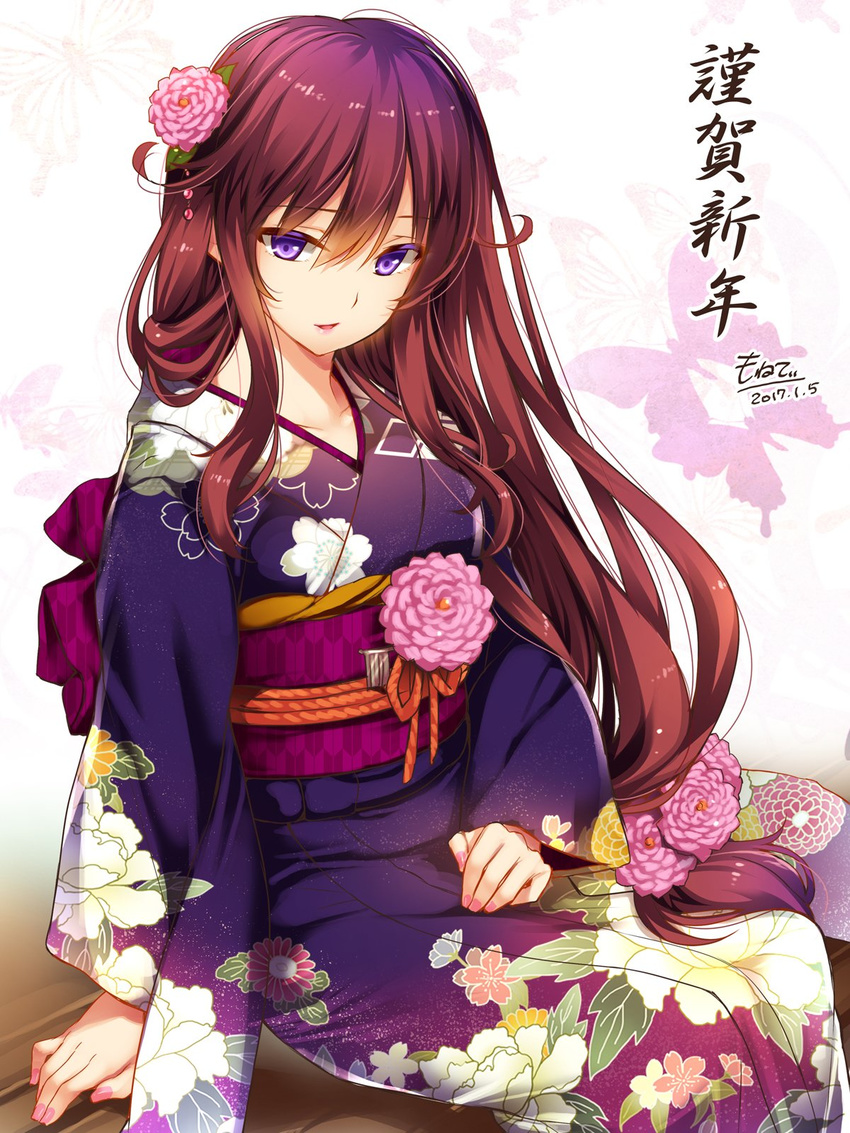 2017 alternate_costume arm_support artist_name brown_hair cherry_blossom_print chrysanthemum_print commentary_request dahlia dahlia_(flower_knight_girl) dated female floral_print flower flower_knight_girl from_side gradient_hair hair_between_eyes hair_flower hair_ornament hand_on_lap highres japanese_clothes kimono long_hair long_sleeves looking_at_viewer looking_to_the_side low-tied_long_hair monety multicolored_hair nail_polish name_connection new_year obi object_namesake parted_lips peony_print pink_flower pink_nails purple_eyes sash sidelocks signature sitting smile solo translated very_long_hair wide_sleeves