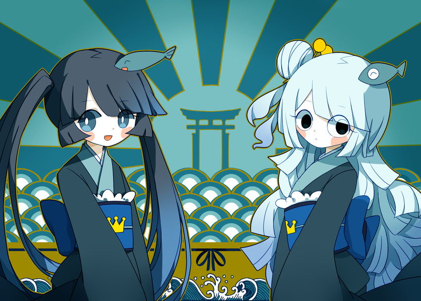 2girls :/ :d ^_^ black_eyes black_hair blue_eyes blue_hair blush closed_eyes closed_mouth commentary_request fish_hair_ornament funamusea gradient_hair hair_bun hair_ornament hairpin head_tilt highres japanese_clothes jiiya_(funamusea) kimono long_hair looking_at_viewer mikotsuhime_(funamusea) multicolored_hair multiple_girls obi oounabara_to_wadanohara open_mouth outline sash siblings silhouette single_hair_bun sisters smile swept_bangs torii twintails uomihime_(funamusea) very_long_hair wicky_(wickymew)