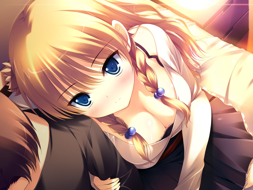 1boy black_bra blonde_hair blue_eyes blush bra braid breasts cleavage female flower from_above game_cg hair_bobbles hair_flower hair_ornament highres holding_another's_arm light_smile lingerie medium_breasts nanairo_kouro rachel_windsor rakko_(makarakko) sitting tsurime twin_braids underwear