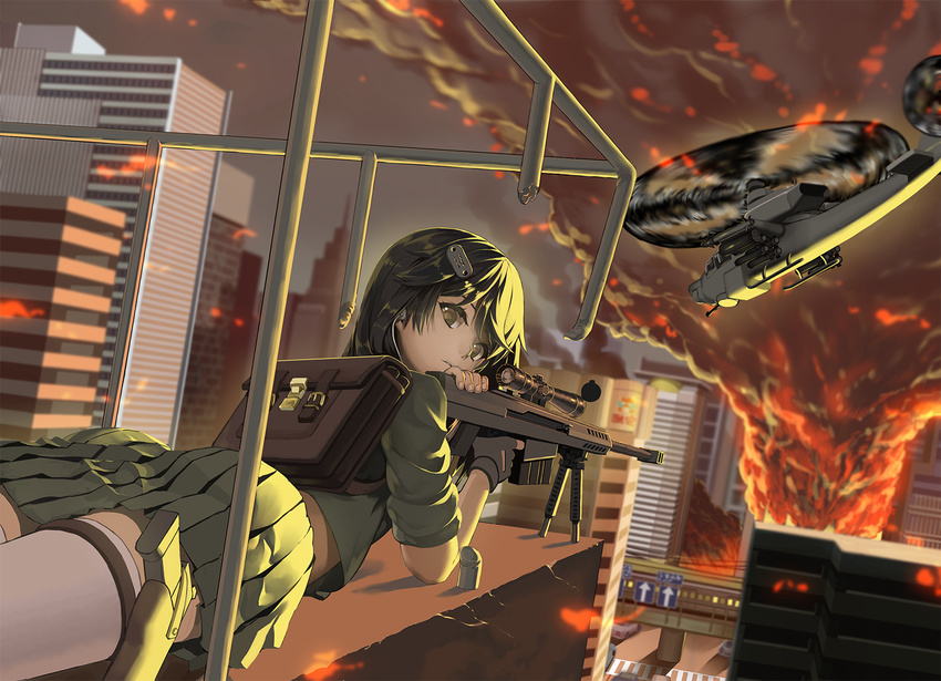 ah-1z_viper aircraft anti-materiel_rifle backpack bad_id bad_pixiv_id bag barrett_m82 bipod black_hair building city cityscape explosion female fire green_eyes gun hair_ornament handgun harumaki_haruki helicopter holster looking_back lying midriff miniskirt motion_blur on_stomach railing rifle school_bag scope skirt skyscraper sniper_rifle solo thigh_strap thighhighs weapon zettai_ryouiki